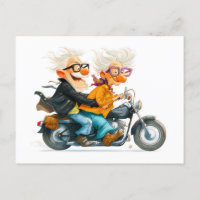 Funny illustration of seniors riding motorcycle