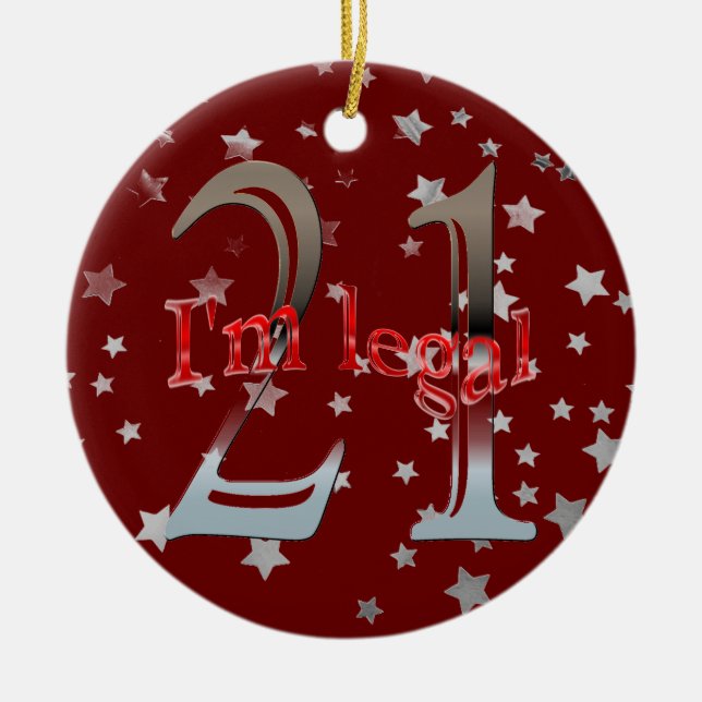 Funny I'm Legal 21st Birthday Stars Red Christmas Ceramic Ornament (Front)