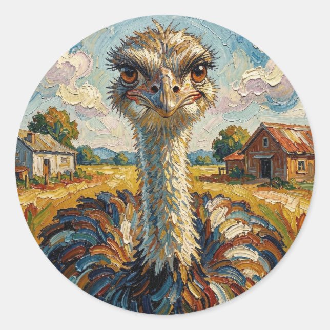 Funny Impasto Ostrich on a Ranch  Classic Round Sticker (Front)