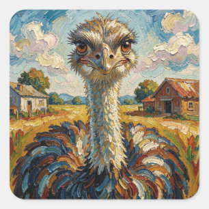 Funny Impasto Ostrich on a Ranch  Square Sticker