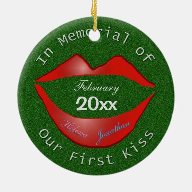 Funny In Memorial of Our First Kiss Ceramic Ornament (Back)