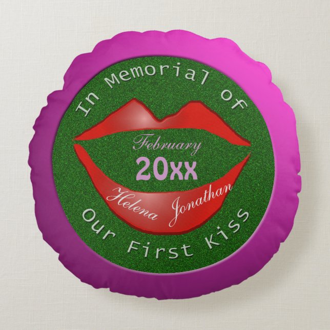Funny In Memory of Couple's First Kiss Pink Round Pillow (Front)