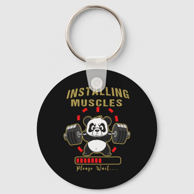 Funny Installing Muscle Panda Weight Lifting Barbe Keychain (Front)