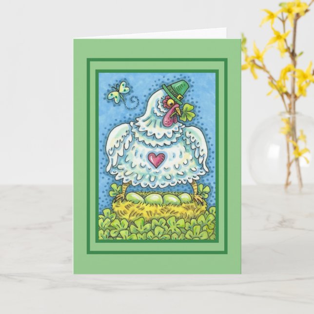 FUNNY IRISH HEN, GREEN EGGS AND SHAMROCKS CUTE CARD (Yellow Flower)