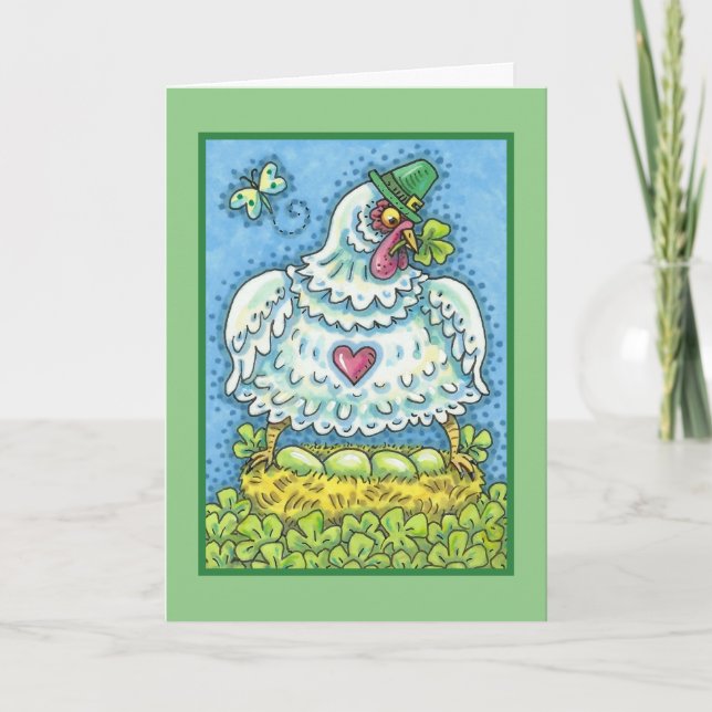 FUNNY IRISH HEN, GREEN EGGS AND SHAMROCKS CUTE CARD (Front)