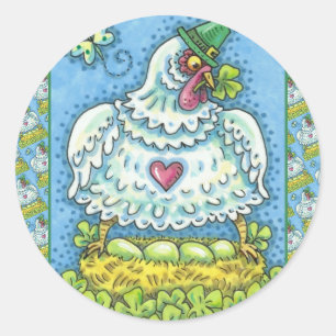 FUNNY IRISH HEN, GREEN EGGS AND SHAMROCKS CUTE CLASSIC ROUND STICKER