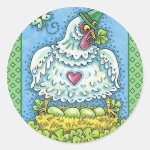 FUNNY IRISH HEN, GREEN EGGS AND SHAMROCKS CUTE CLASSIC ROUND STICKER