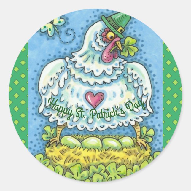 FUNNY IRISH HEN, GREEN EGGS AND SHAMROCKS CUTE CLASSIC ROUND STICKER (Front)