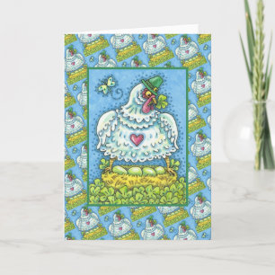 FUNNY IRISH HEN, GREEN EGGS AND SHAMROCKS CUTE HOLIDAY CARD
