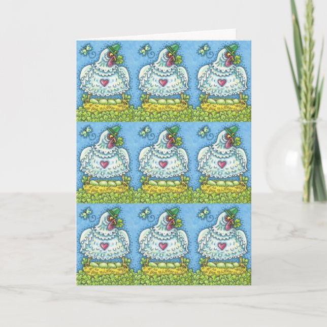 FUNNY IRISH HEN, GREEN EGGS AND SHAMROCKS CUTE HOLIDAY CARD (Front)