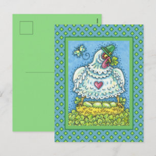 FUNNY IRISH HEN, GREEN EGGS AND SHAMROCKS CUTE HOLIDAY POSTCARD