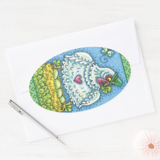 FUNNY IRISH HEN, GREEN EGGS AND SHAMROCKS CUTE OVAL STICKER (Envelope)