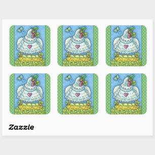 FUNNY IRISH HEN, GREEN EGGS AND SHAMROCKS CUTE SQUARE STICKER