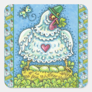 FUNNY IRISH HEN, GREEN EGGS AND SHAMROCKS CUTE SQUARE STICKER