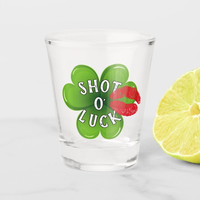 Funny Irish Kiss Lucky Green Clover Leaf Shot Glass (Front)