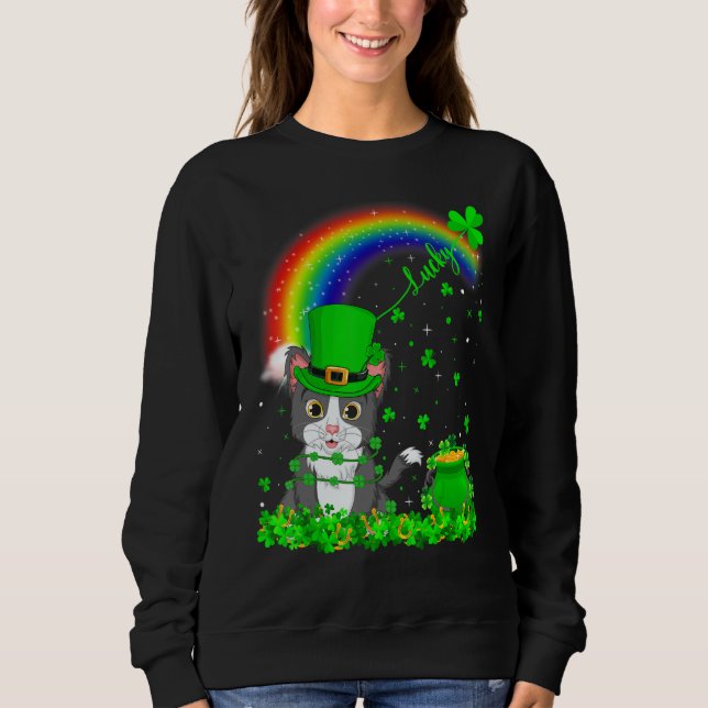 Funny Irish Shamrock Rainbow Lucky Cat St Patrick' Sweatshirt (Front)