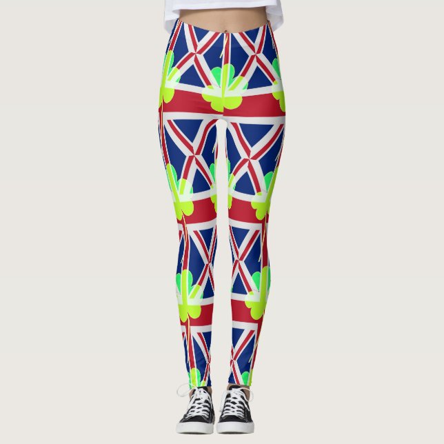 Funny Irish Shamrock Union Jack Flag St. Patrick Leggings (Front)
