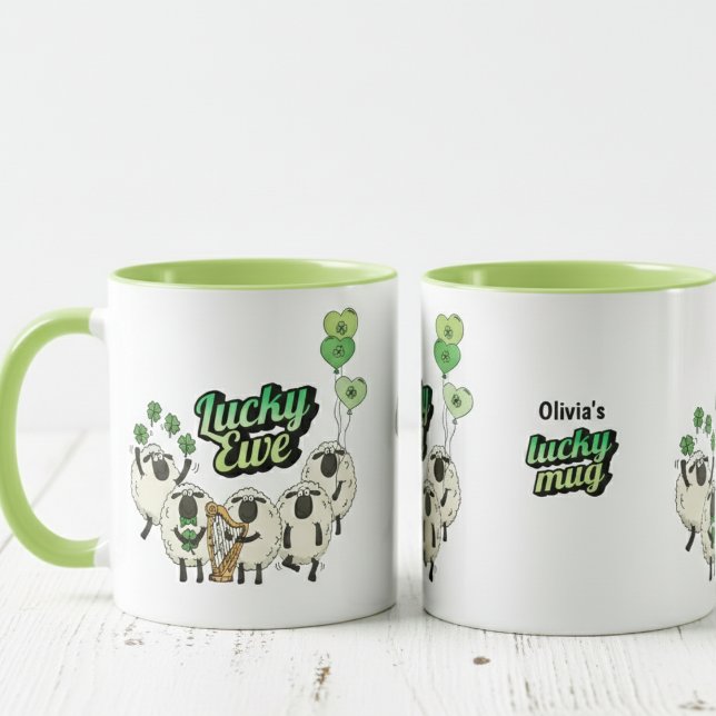 Funny Irish Sheep Lucky Mug  (Lucky Ewe Pun for Lucky You Funny Cartoon Sheep being Irish. Hand-Drawn Sheep, Green Shamrocks, Harp)