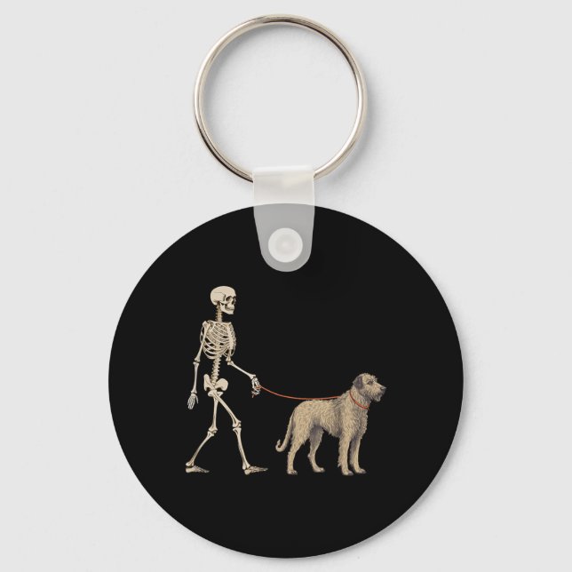 Funny Irish Wolfhound Skeleton Dog Walking Keychain (Front)