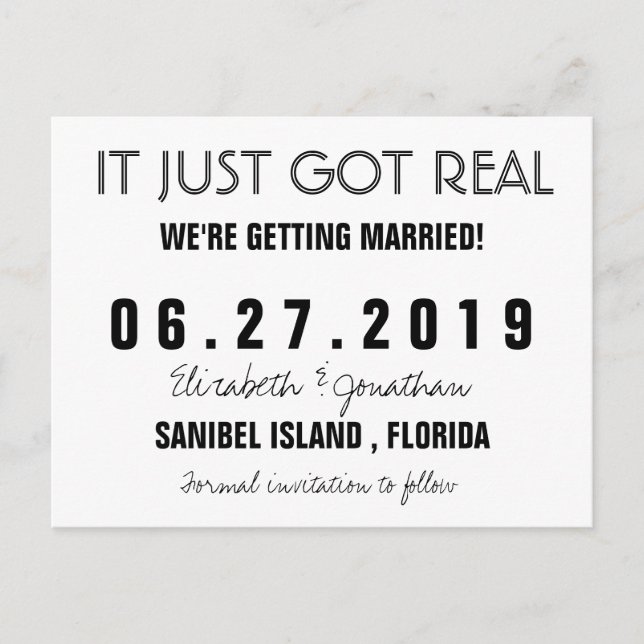Funny It Just Got Real Wedding Save the Date Announcement Postcard (Front)