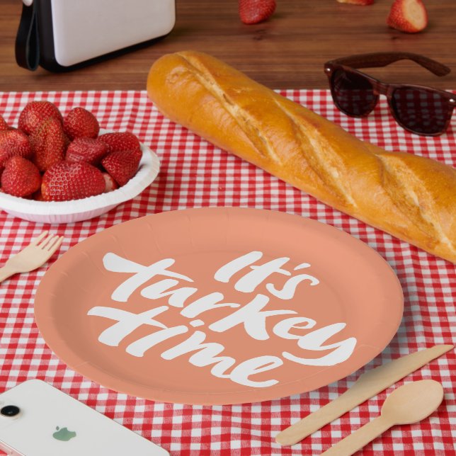 Funny It's Turkey Time Thanksgiving Dinner Saying Paper Plate (Picnic)