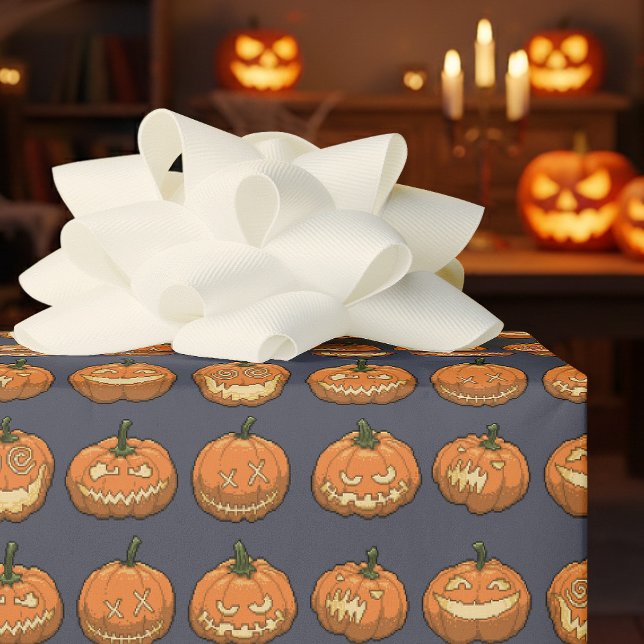Funny Jack O Lantern Halloween Pixel Art Pumpkins Wrapping Paper (Creator Uploaded)