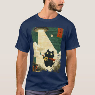 Funny Japanese Cat Abduction Alien UFO Guitar Ukul T-Shirt