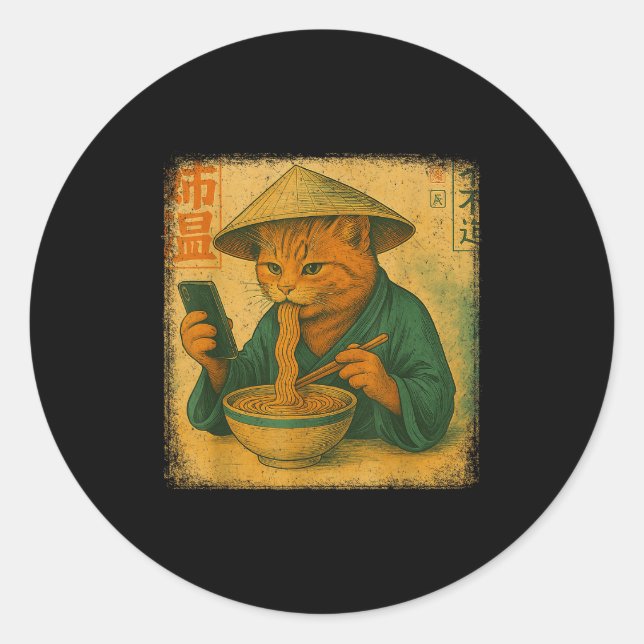 Funny Japanese Cat Eat Ramen And Scroll Phone Anim Classic Round Sticker (Front)