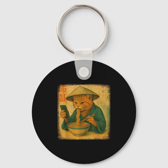 Funny Japanese Cat Eat Ramen And Scroll Phone Anim Keychain (Front)
