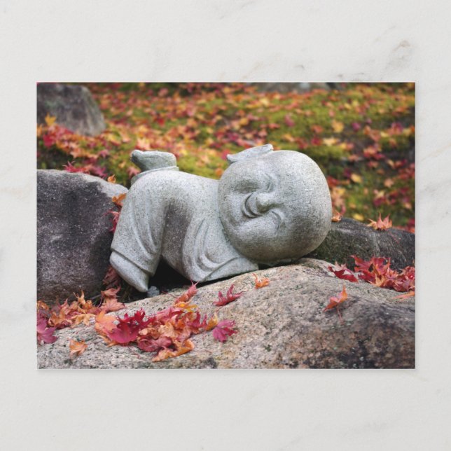 Funny Japanese monk statue with autumn leaves Postcard (Front)