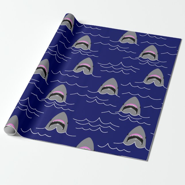 Funny Jaws Cartoon Sharks Patterned Wrapping Paper (Unrolled)