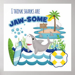 Funny Jawsome Shark Surfboard Beach Kids' Poster