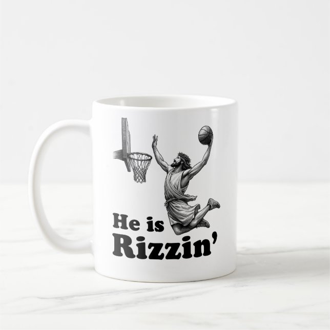 Funny Jesus Basketball - He is Rizzin' Coffee Mug (Left)