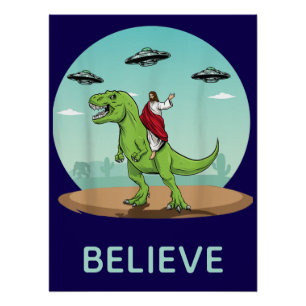 Funny Jesus Dinosaur UFO Believe Retro  Poster