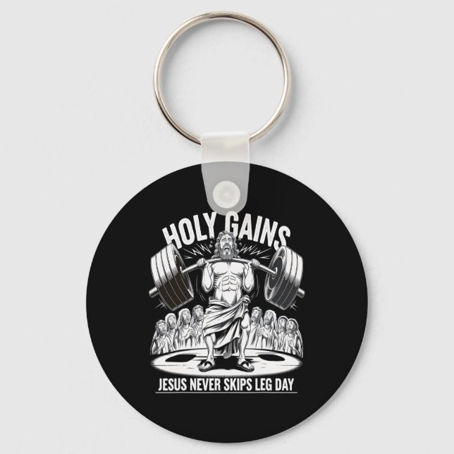 Funny Jesus Never Skips Leg Day Christian Gym Body Keychain (Front)