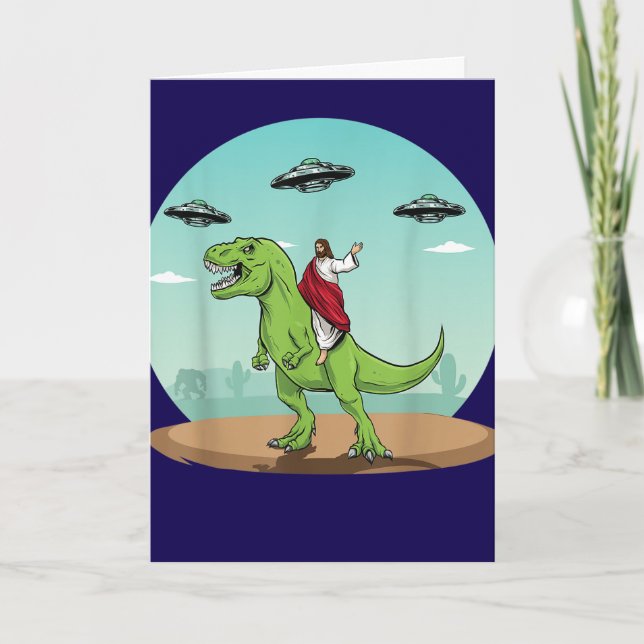 Funny Jesus Riding Dinosaur Alien UFO Card (Front)