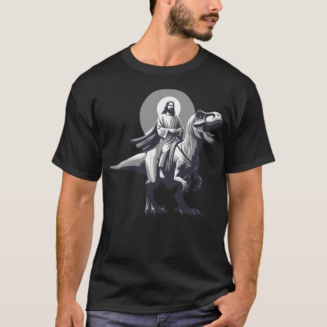 Funny Jesus Riding T-Rex Dinosaur Meme Parody for  T-Shirt (Front)