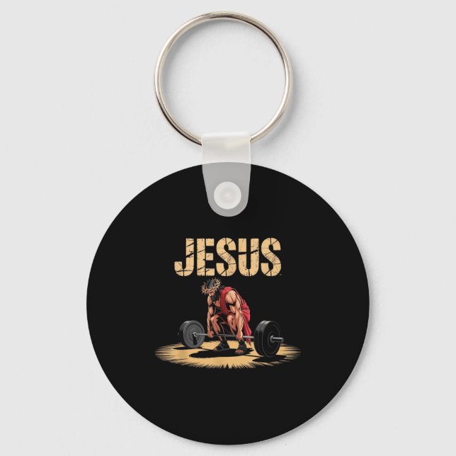 Funny Jesus Weightlifting Christian Gym Humor  Keychain (Front)