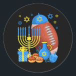 Funny Jewish Football Ball Menorah Happy Hanukkah  Classic Round Sticker<br><div class="desc">Funny Jewish Football Ball Menorah Happy Hanukkah Chanukah</div>