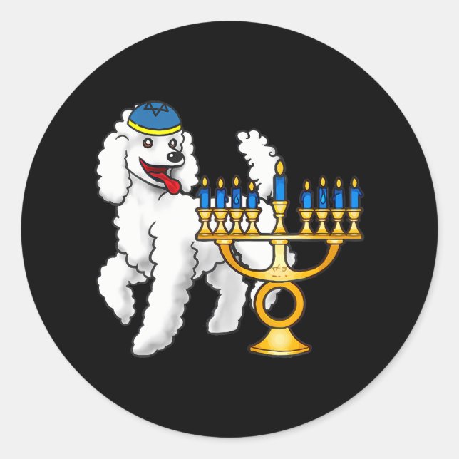 Funny Jewish Poodle Dog Lover Menorah Hanukkah Classic Round Sticker (Front)