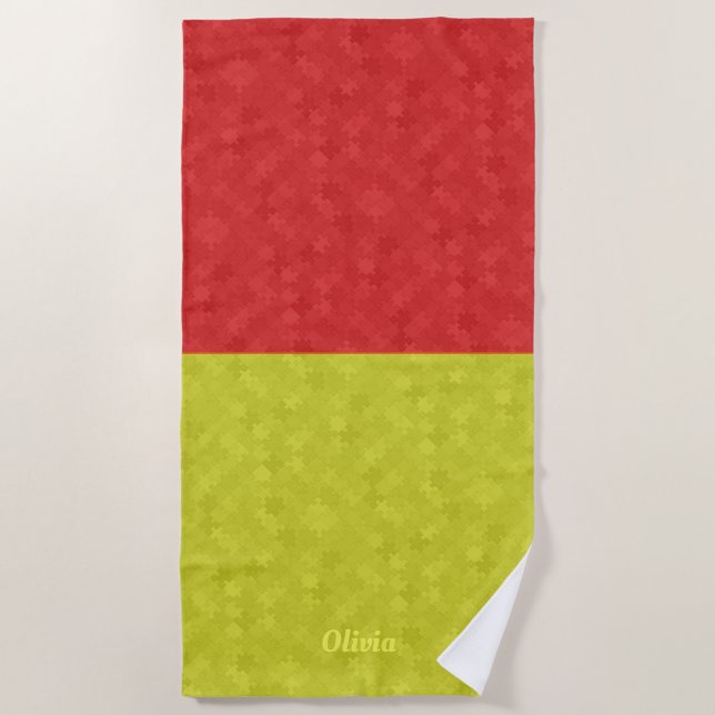 Funny Jigsaw Pieces Pattern Half Red Half Yellow Beach Towel (Front)