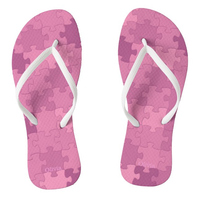 Funny Jigsaw Puzzle Pattern Add Name or Text Pink Flip Flops (Footbed)