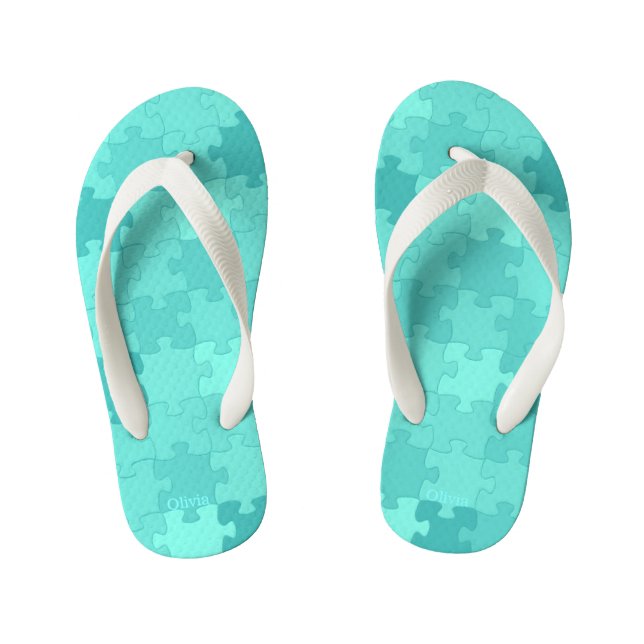 Funny Jigsaw Puzzle Pattern Add Name Turquoise Kid's Flip Flops (Footbed)