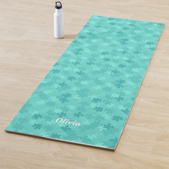Funny Jigsaw Puzzle Pattern Add Name Turquoise Yoga Mat (In Situ)