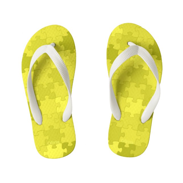 Funny Jigsaw Puzzle Pattern Add Name Yellow Green Kid's Flip Flops (Footbed)