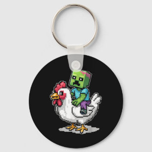 Funny Jockey Pixel Riding Chicken Jockey On A Chic Keychain