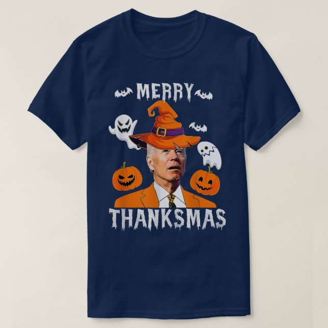 Funny Joe Biden Confused Merry Thanksmas For Hallo T-Shirt (Design Front)