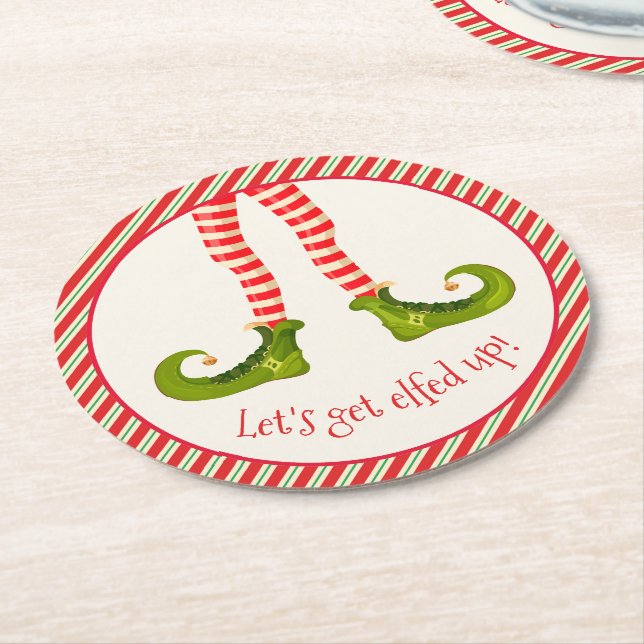 Funny Jolly Christmas Elf Legs Holiday Round Paper Coaster (Angled)