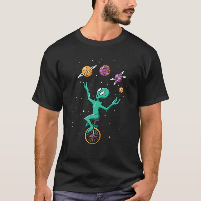 Funny Juggling Planets Space Alien Aliens Believer T-Shirt (Front)