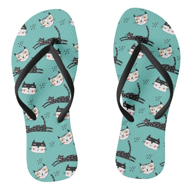 Funny Jumping Cat Faces on Teal Flip Flops (Footbed)